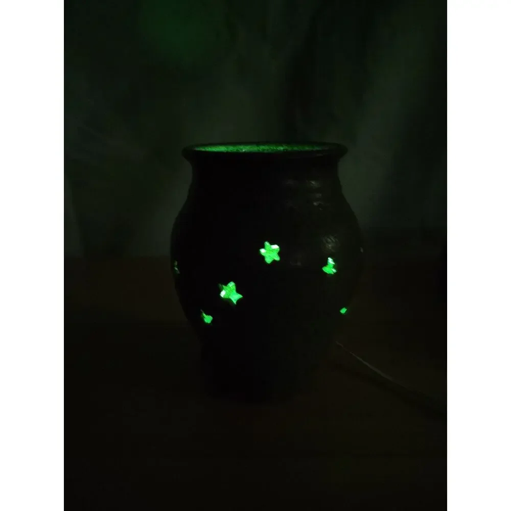 Hand Made Pottery Night Light Moon Stars Electric blue grey 7.5” tall